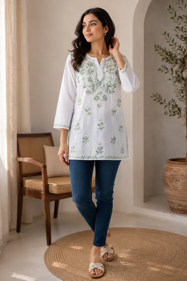 White_Floral_Short_Straight_Kurti_For_Women