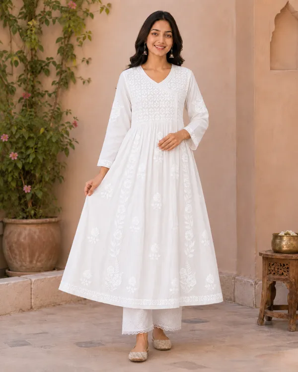 White_Cotton_Embroidered_Anarkali_Kurta_With_Palazzo_Set_For_Women