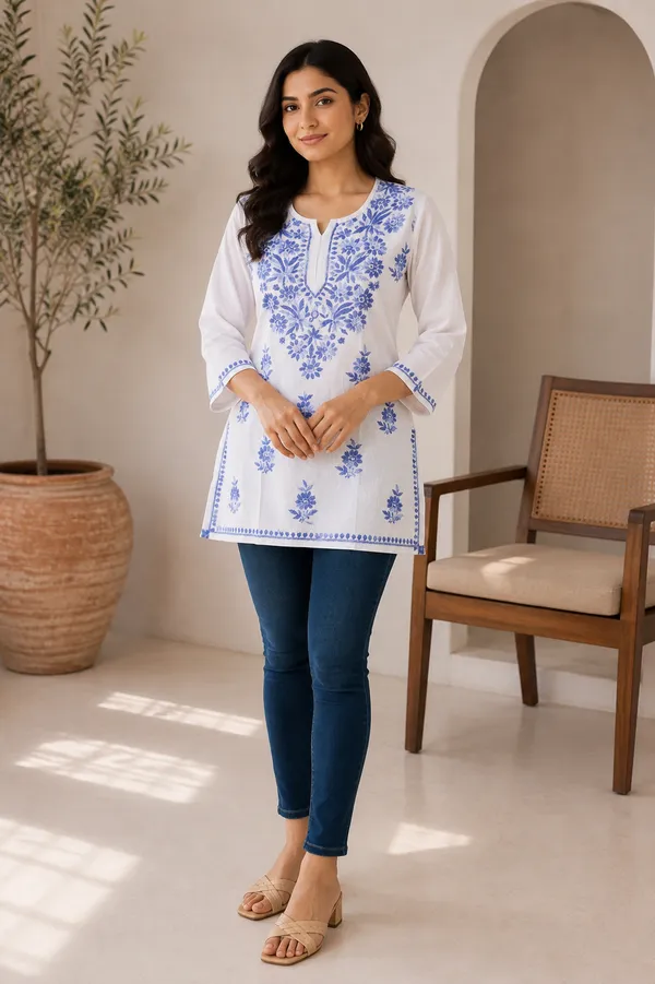White_Floral_Print_Short_Kurti_For_Women