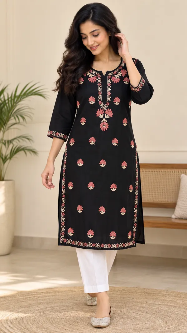 Black_Floral_Embroided_Straight_Chikankari_Kurta_For_Women