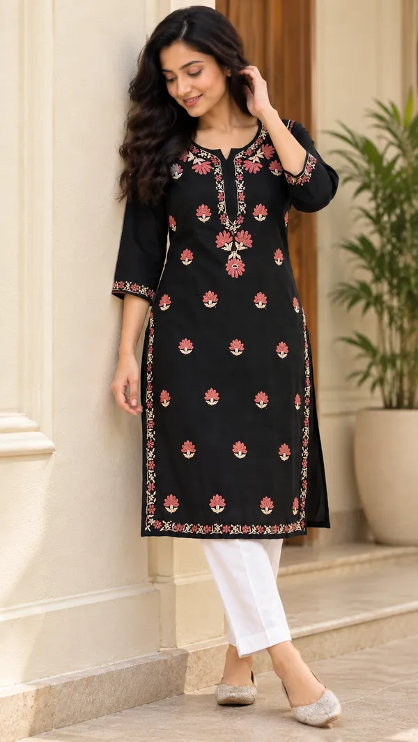 Black_Floral_Embroided_Straight_Chikankari_Kurta_For_Women