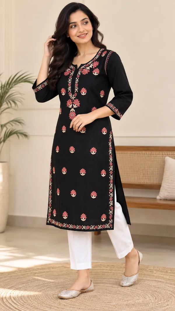 Black_Floral_Embroided_Straight_Chikankari_Kurta_For_Women