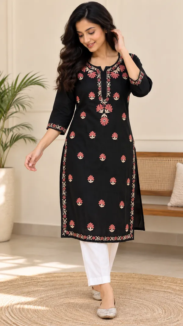 Black_Floral_Embroided_Straight_Chikankari_Kurta_For_Women