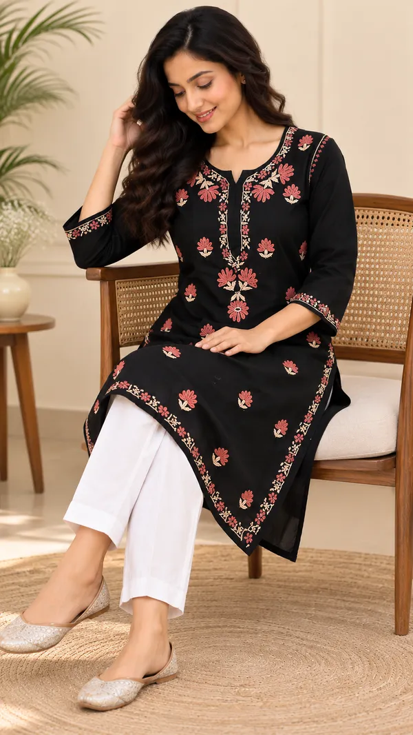 Black_Floral_Embroided_Straight_Chikankari_Kurta_For_Women