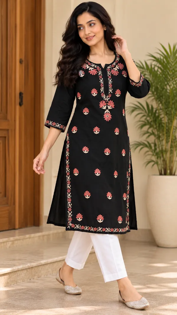 Black_Floral_Embroided_Straight_Chikankari_Kurta_For_Women