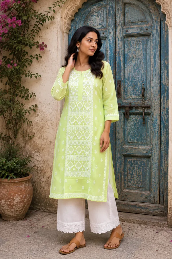 Lime_Green_Cotton_Embroidered_Straight_Kurta_For_Women