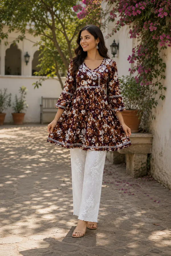 Brown_Floral_Print_Cotton_Flared_Kurti_With_White_Palazzo_Set_For_Women