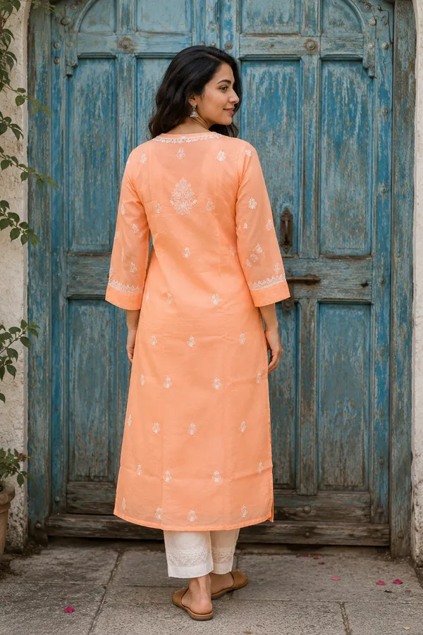 Peach_Cotton_Chikankari_Embroidered_Straight_Kurta_For_Women