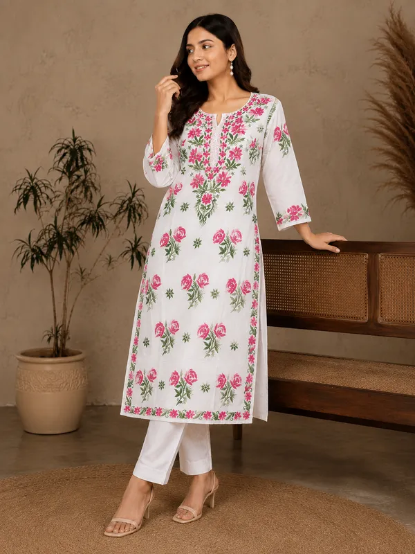 White_Floral_Straight_Kurta__For_Women