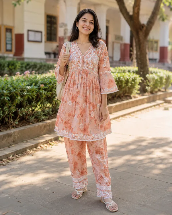 Peach_Floral_Printed_Embroidered_Kurta_Palazzo_Set_For_Women