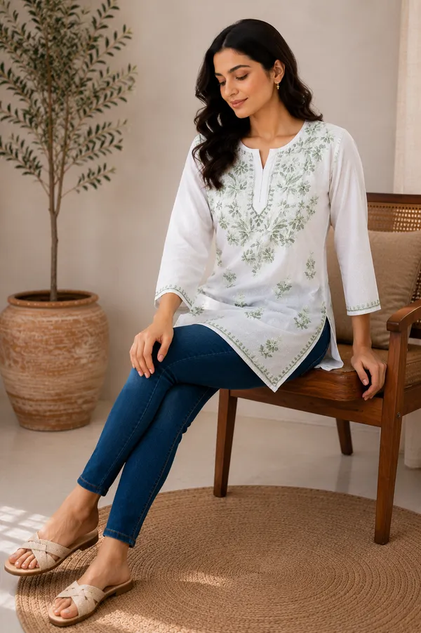 White_Floral_Short_Straight_Kurti_For_Women