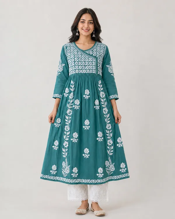Teal_Cotton_Floral_Embroidered_Anarkali_Kurta_For_Women