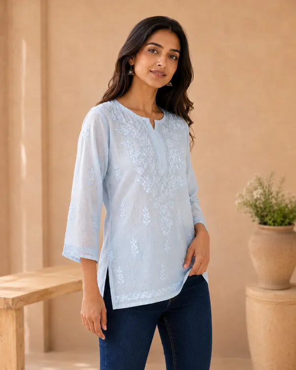 Light_Blue_Cotton_Embroidered_Tunic_Top_For_Women