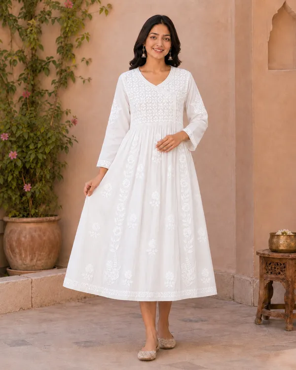 White_Cotton_Embroidered_Anarkali_Kurta_With_Palazzo_Set_For_Women