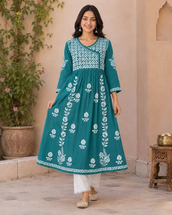 Teal_Cotton_Floral_Embroidered_Anarkali_Kurta_For_Women