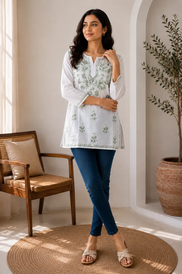 White_Floral_Short_Straight_Kurti_For_Women