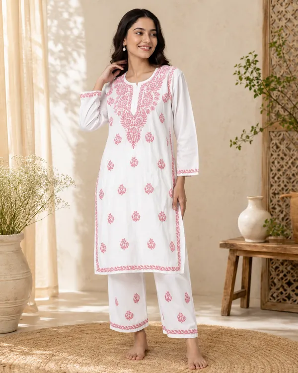 White_Hand_Embroided_Straight_Kurta_Set_For_Women