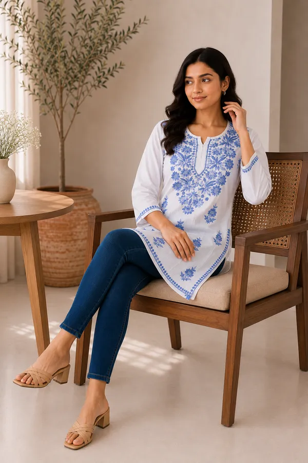 White_Floral_Print_Short_Kurti_For_Women