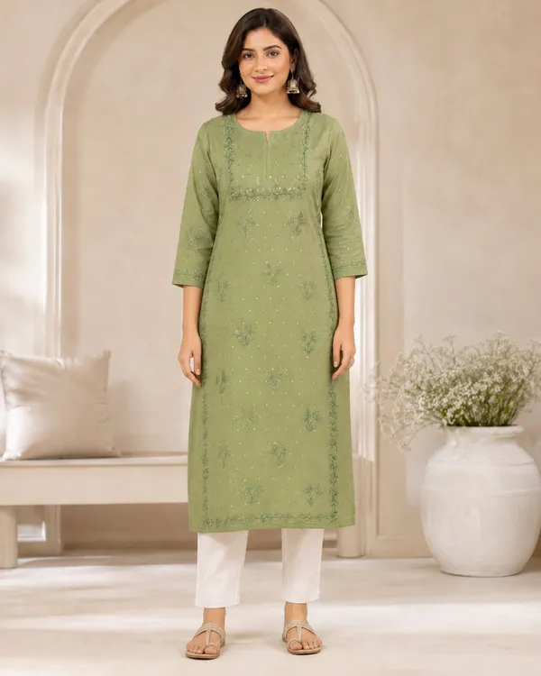 Green_Embroidered_Straight_Kurta_With_White_Pants_For_Women