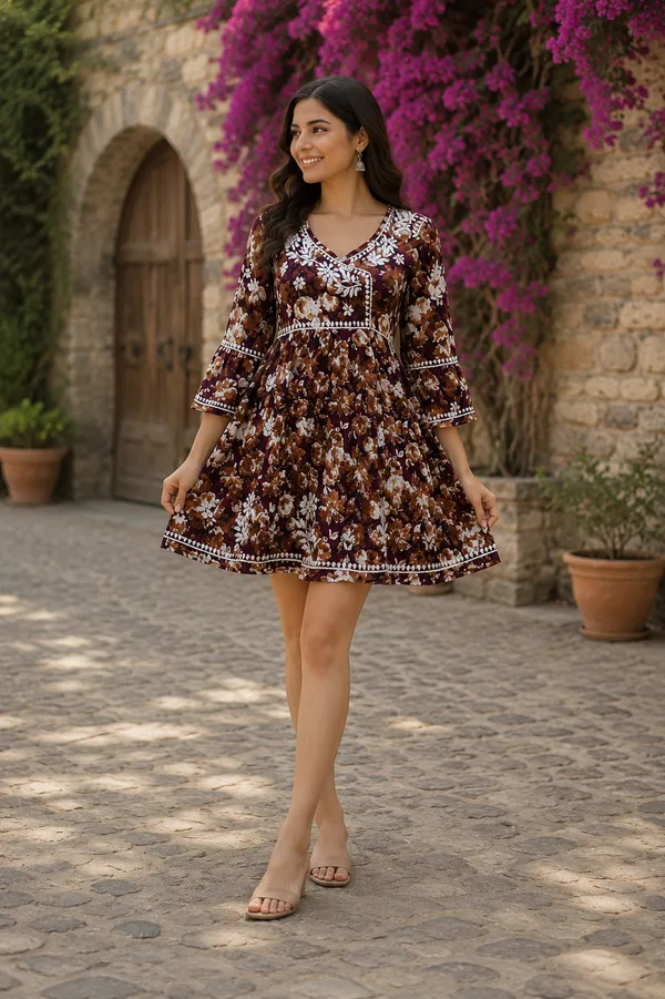 Brown_Floral_Print_Cotton_Flared_Kurti_With_White_Palazzo_Set_For_Women