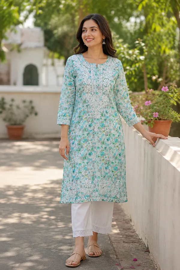 Turquoise_Floral_Print_Straight_Kurta_For_Women