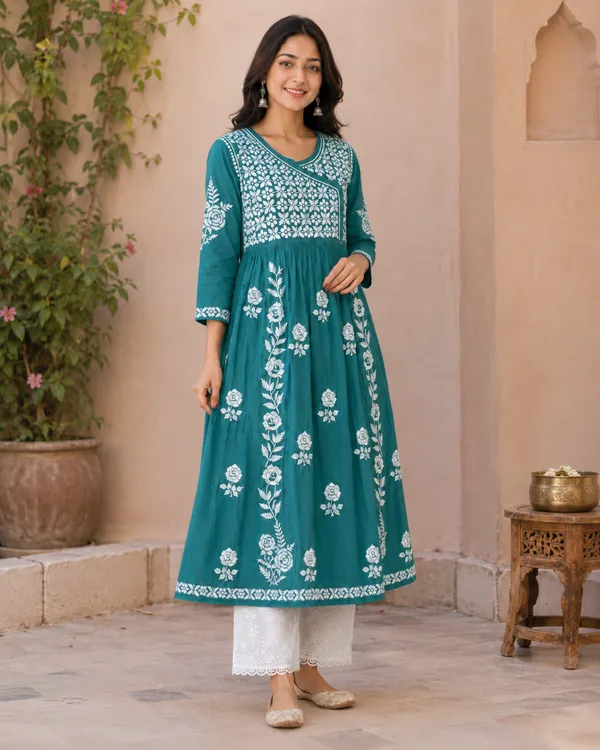 Teal_Cotton_Floral_Embroidered_Anarkali_Kurta_For_Women