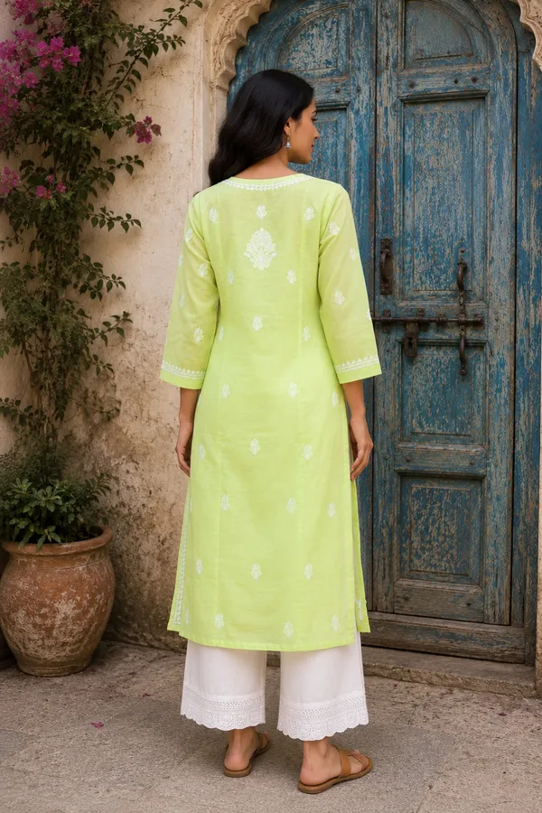 Lime_Green_Cotton_Embroidered_Straight_Kurta_For_Women