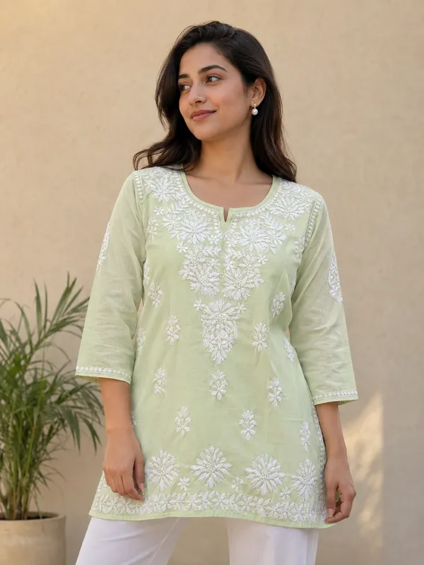Green_Embroidered_Short_Kurta__For_Women