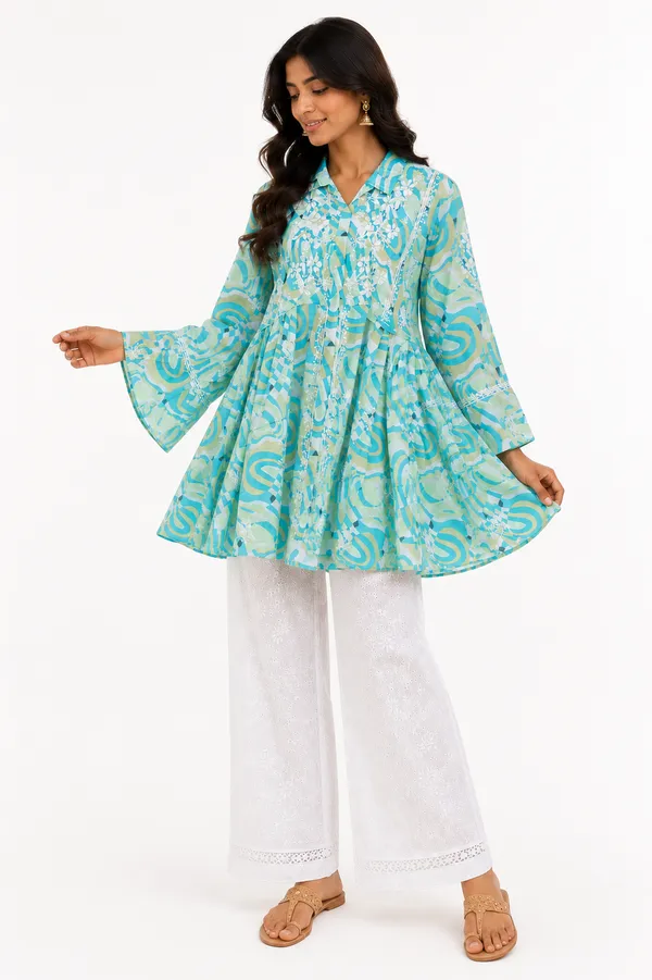 Turquoise_Printed_Cotton_Flared_Short_Tunic_For_Women