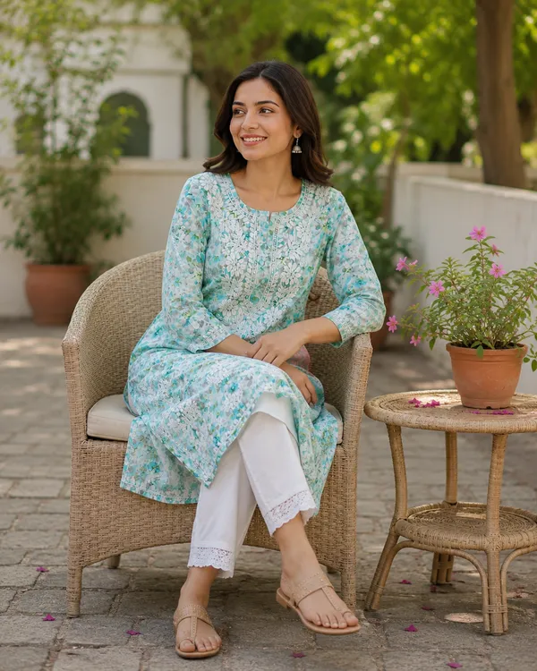 Turquoise_Floral_Print_Straight_Kurta_For_Women