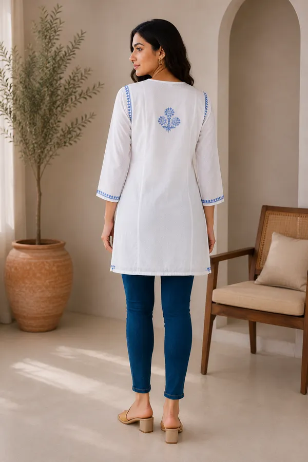White_Floral_Print_Short_Kurti_For_Women