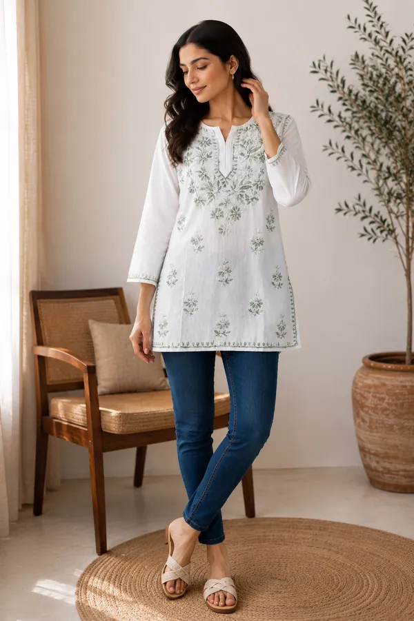 White_Floral_Short_Straight_Kurti_For_Women