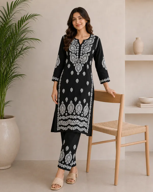 Black_Cotton_Embroidered_Kurta_Set_For_Women