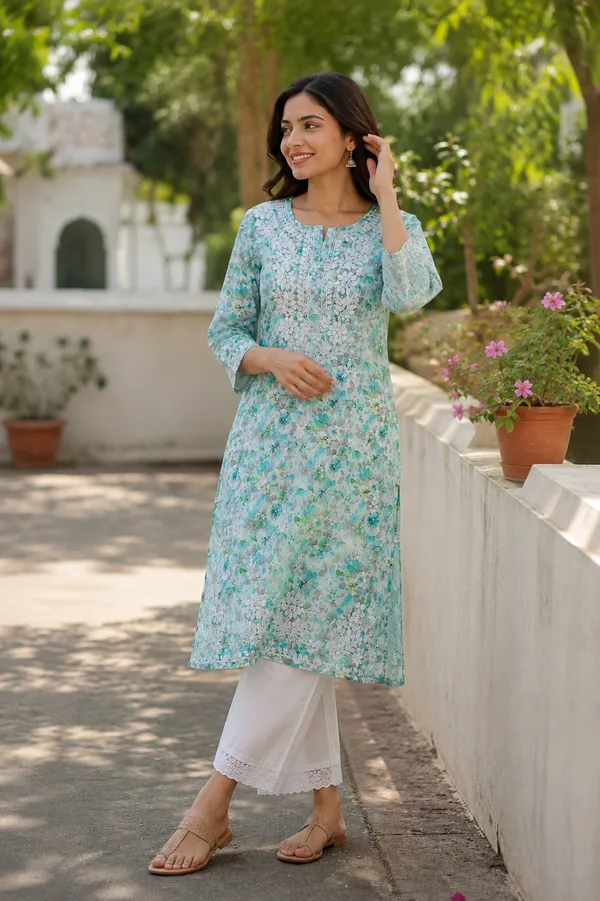 Turquoise_Floral_Print_Straight_Kurta_For_Women