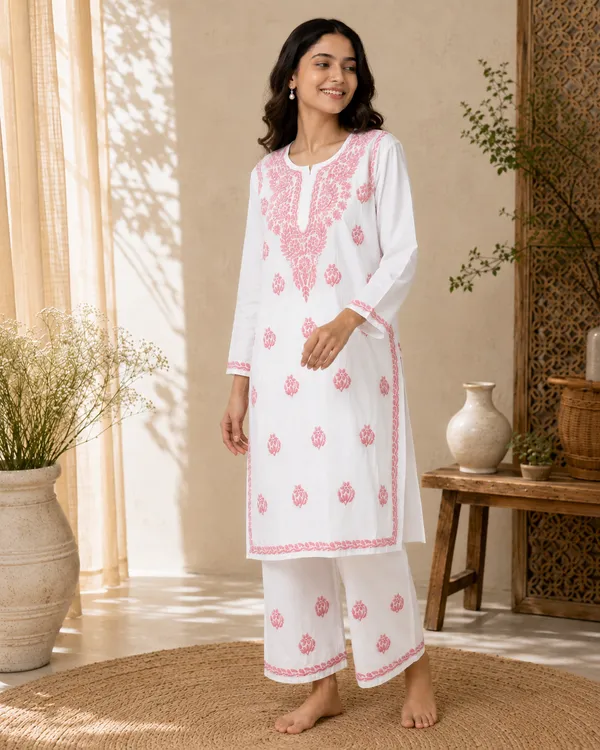 White_Hand_Embroided_Straight_Kurta_Set_For_Women