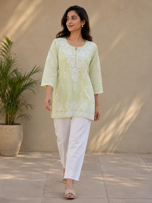Green_Embroidered_Short_Kurta__For_Women