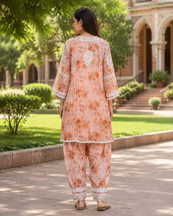 Peach_Floral_Printed_Embroidered_Kurta_Palazzo_Set_For_Women