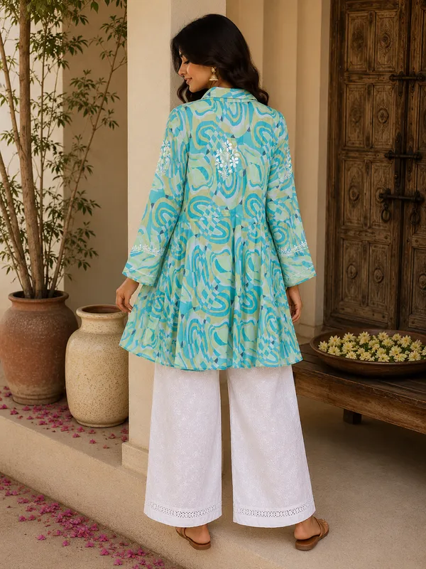 Turquoise_Printed_Cotton_Flared_Short_Tunic_For_Women