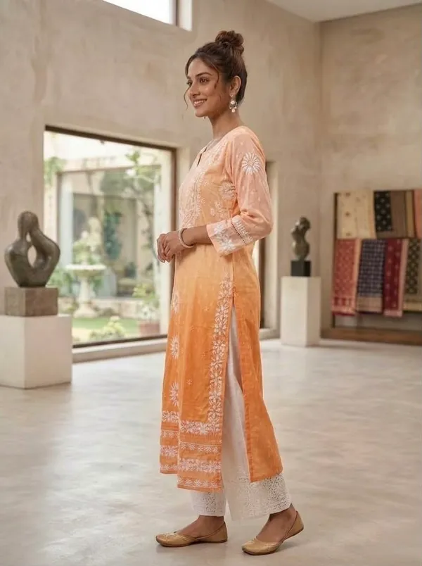 Peach_Orange_Embroidered_Cotton_Kurta_For_Women