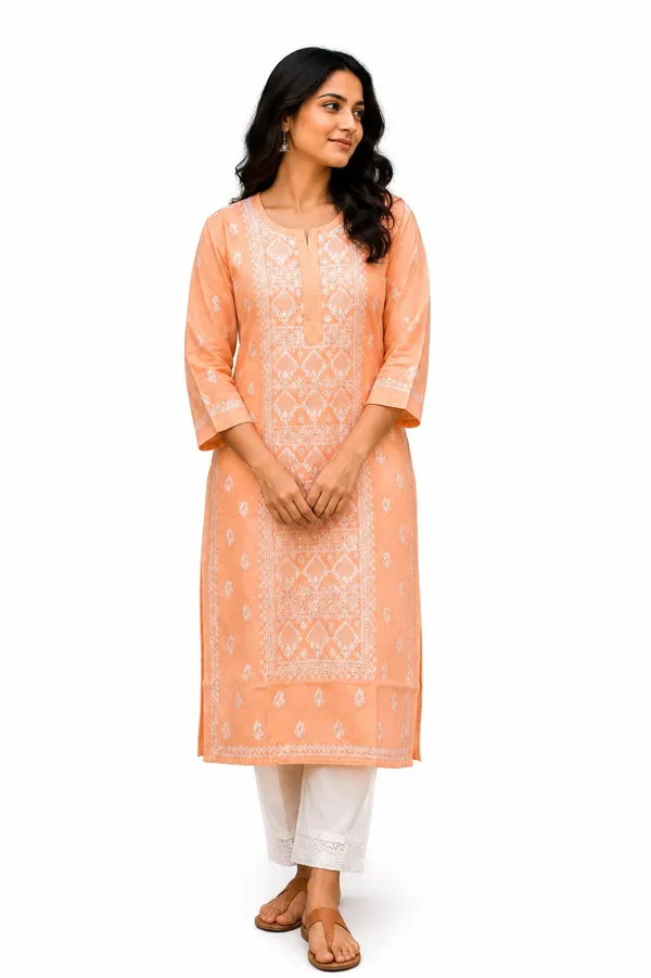 Peach_Cotton_Chikankari_Embroidered_Straight_Kurta_For_Women