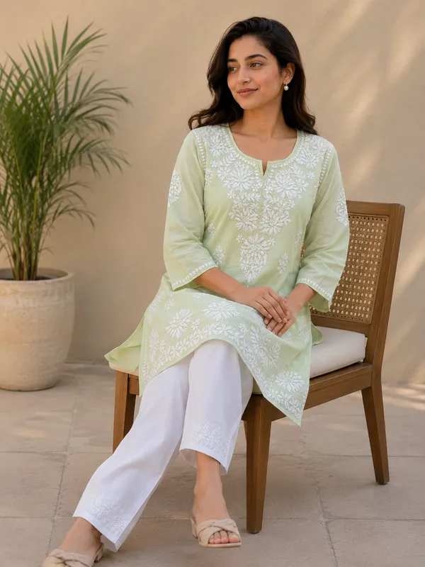 Green_Embroidered_Short_Kurta__For_Women
