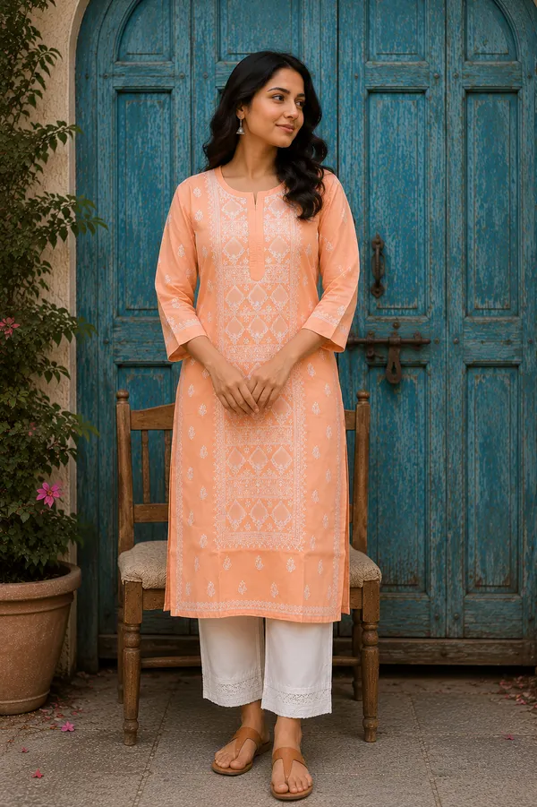 Peach_Cotton_Chikankari_Embroidered_Straight_Kurta_For_Women