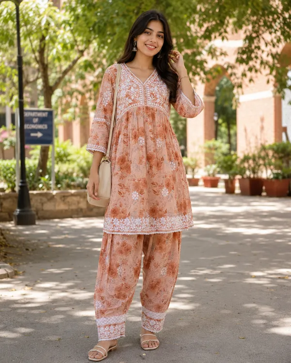 Peach_Floral_Printed_Embroidered_Kurta_Palazzo_Set_For_Women