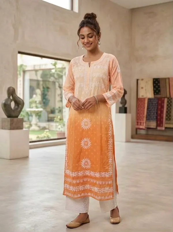 Peach_Orange_Embroidered_Cotton_Kurta_For_Women