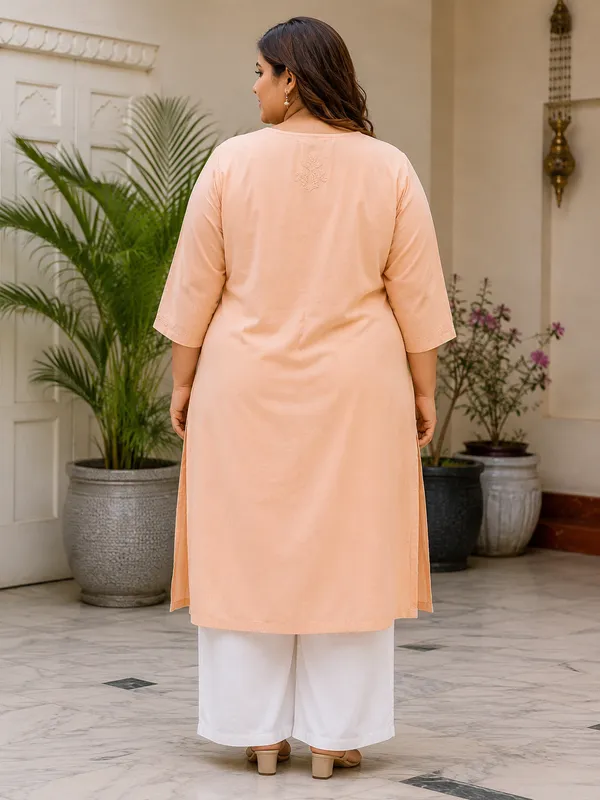 Plus_Size_Peach_Rayon_Chikankari_Straight_Kurta_for_Women