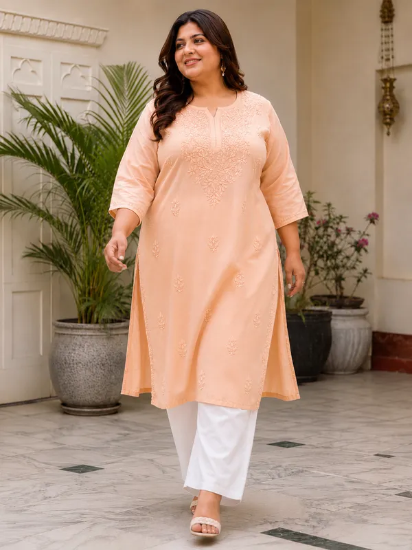 Plus_Size_Peach_Rayon_Chikankari_Straight_Kurta_for_Women