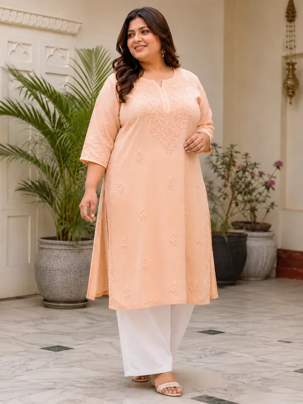 Plus_Size_Peach_Rayon_Chikankari_Straight_Kurta_for_Women