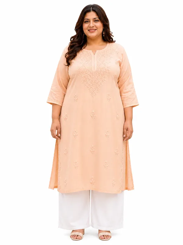 Plus_Size_Peach_Rayon_Chikankari_Straight_Kurta_for_Women