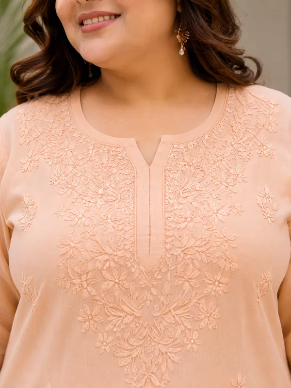 Plus_Size_Peach_Rayon_Chikankari_Straight_Kurta_for_Women