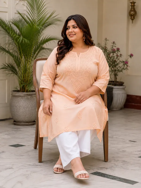 Plus_Size_Peach_Rayon_Chikankari_Straight_Kurta_for_Women